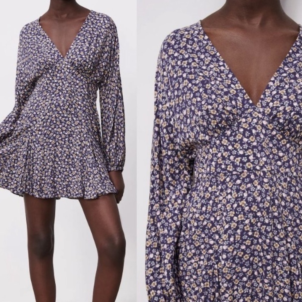 Zara Floral Print Purple V Neck Mini Dress